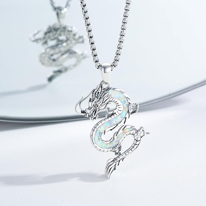 REDSUN 925 Sterling Silver Dragon Pendant Necklace Viking Dragon with Obsidian/Opal Protection Jewelry Gifts for Men Women Her Him Birthday Valentines Day Gifts