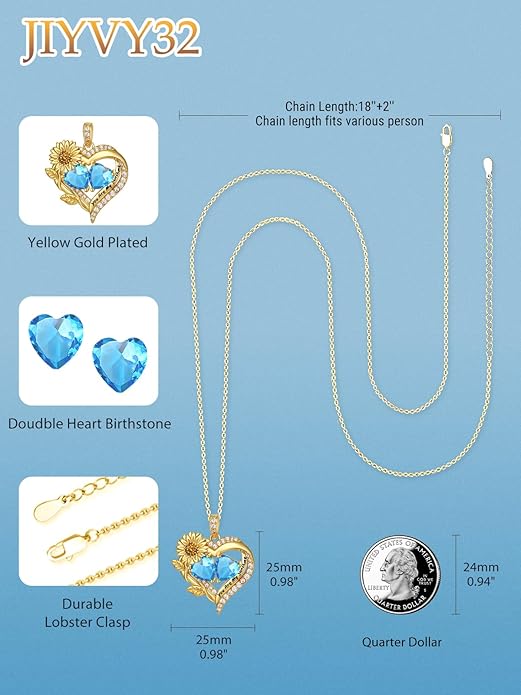 Sunflower Heart Necklace for Women 14K Gold Exquisite Anniversary Birthday Gifts for Wife Mother Her Double Birthstone Pendant jewelry‘You Are My Sunshine’