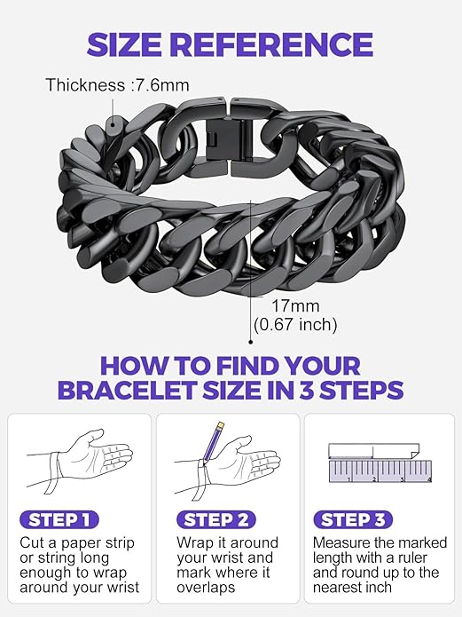 Richsteel Cuban Link Chain Bracelets 8/12/17mm Width Stainless Steel Chain Wrist Bracelets for Men, 7.4/8.2/9 Inch Length Classic Jewelry for Christmas/Valentine's Day/Birthday
