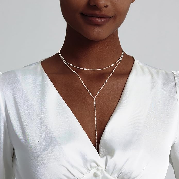 Luxval Lariat Gold Necklace for Women, Dainty Long Necklace 14k Gold Plated/Silver Y-Shaped Pendant Necklaces Trendy Beaded Chain Drop Necklaces Jewelry for Women Gifts