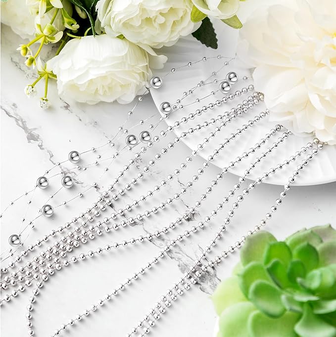 Bonuci 3 Rolls 66 Feet Pearls String Garland Faux Pearl Garland Spool Roll Strand Decoration Artificial Beads Chain Trim for Crafting String of Flowers Valentine Wedding Party(Silver,4mm)