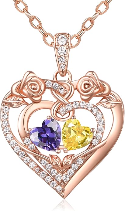 JIYVY32 Rose Heart Necklace for Women Exquisite 925 Sterling Silver Anniversary Birthday Gifts for Wife Mom Her Double Birthstone Pendant Jewelry