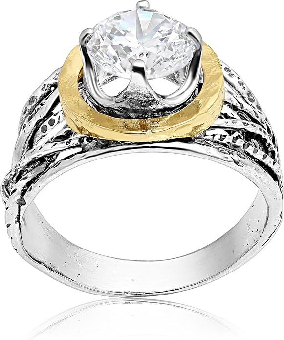 JEAN RACHEL JEWELRY Mixed Metal Two Tone Ring for Women – CZ Wire Wrap – 925 Sterling Silver & 14K Gold Over Silver – Sculptural Wire Band with Round CZ – Hypoallergenic Design