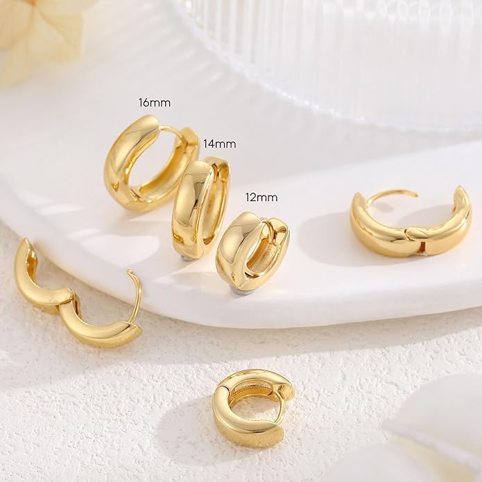 3Pairs Gold Hoop Earrings Set for Women, 14K Gold Plated Hypoallergenic Small Huggie Hoops Earrings for Women Trendy, Chunky Gold Earring Jewelry Gifts