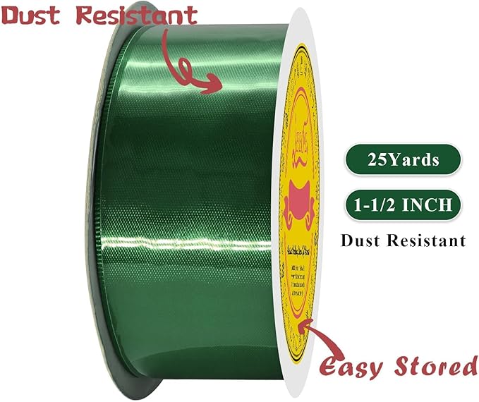 LEEQE Double Face Forest Green Satin Ribbon 1-1/2 inch X 25 Yards Polyester Forest Green Ribbon for Gift Wrapping Very Suitable for Weddings Party Hair Bow Invitation Decorations and More
