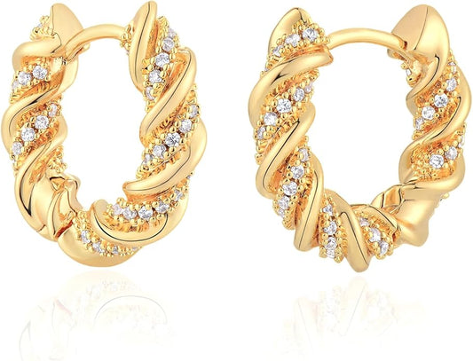 Gold Huggie Hoop Earrings 14K Gold Plated Dainty Chunky Thick Hoop Diamond Cubic Zriconia Inlay Sleeper Tiny Delicate Boho Beach Simple Hypoallergenic Jewelry Gift for Her