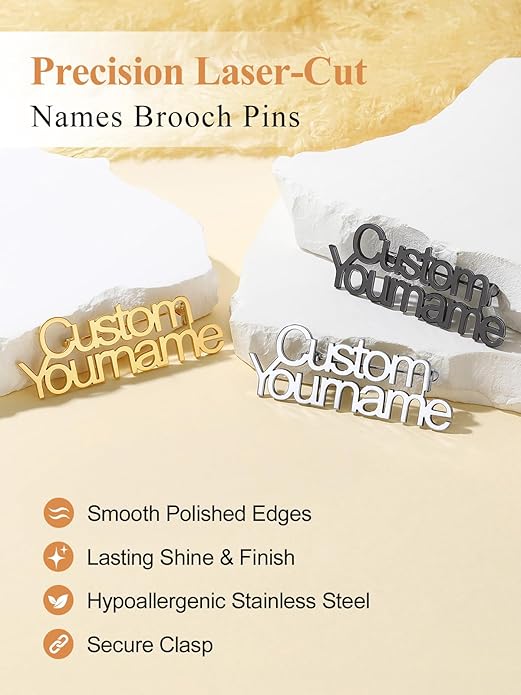 Custom4U Custom Name Pin Personalized Brooch Pins for Women Men Stainless Steel Name Tag with Letters/Initials - Silver/Gold/RoseGold/Black Customized Jewelry Gifts for Birthday Wedding Business Party