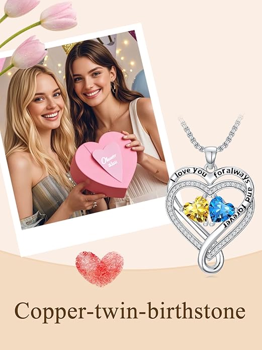 I Love You for Awlays and Forever Double Heart Necklace with Birthstone, 2 Birth Stone Jewelry Anniversary Valentines Mothers Day Christmas Birthday Gifts for Women Her Wife Girlfriend Mom Mother