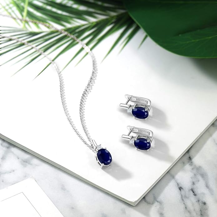 Gemstone Birthstone and White Created Sapphire Pendant and Earrings Jewelry Set for Women in 925 Sterling Silver | Oval 8X6MM and Round 2.5MM | With 18 Inch Chain | Fine Jewelry for Her Mom Women Wife