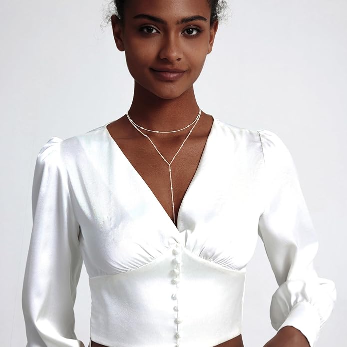 Zeffy Lariat Gold Necklace for Women, Dainty Long Necklace 14k Gold/Silver Plated Layered CZ Beaded Bar Chain Y-Shaped Body Chain Stack Drop Wedding Necklace Trendy Simple Gold Jewelry Gifts