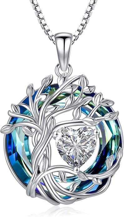TOUPOP Christmas Gifts Tree of Life Birthstone Necklace 925 Sterling Silver Pendant Austrian Crystal Jewelry Anniversary Birthday Gifts for Women Mom Her Wife