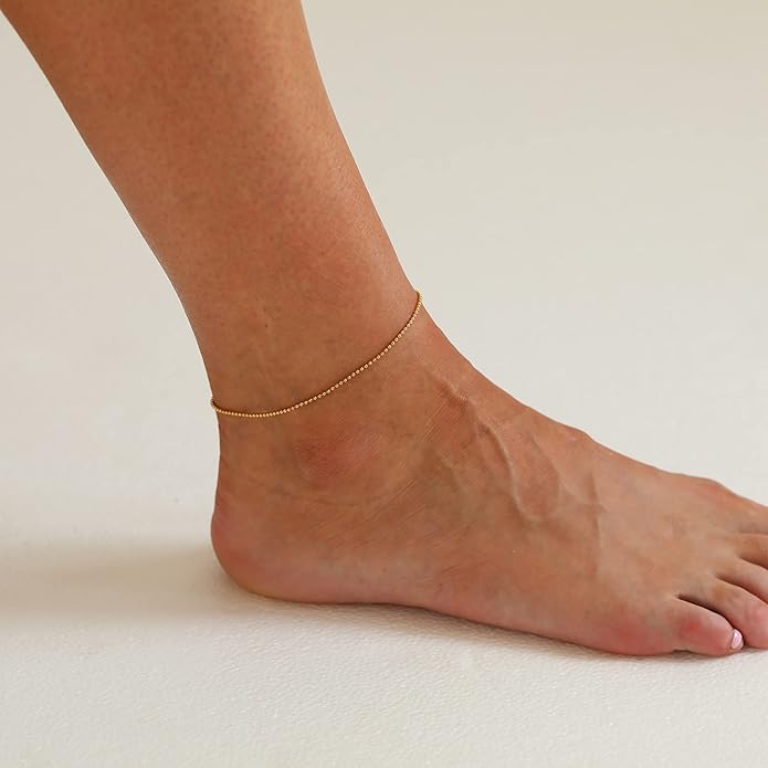 Dainty Ankle Bracelets for Women 18K Gold Plated Satellite Beaded Herringbone Chain Anklets Simple Lip Chain Anklet Minimalist Summer Beach Foot Jewelry Christmas
