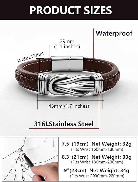 Mens Black Braided Leather Bracelet, Green/Red/Brown/Black Braided Leather Infinity Knot Bracelets for Men with Stainless Steel Clasp, 7.5/8.5/9in Length