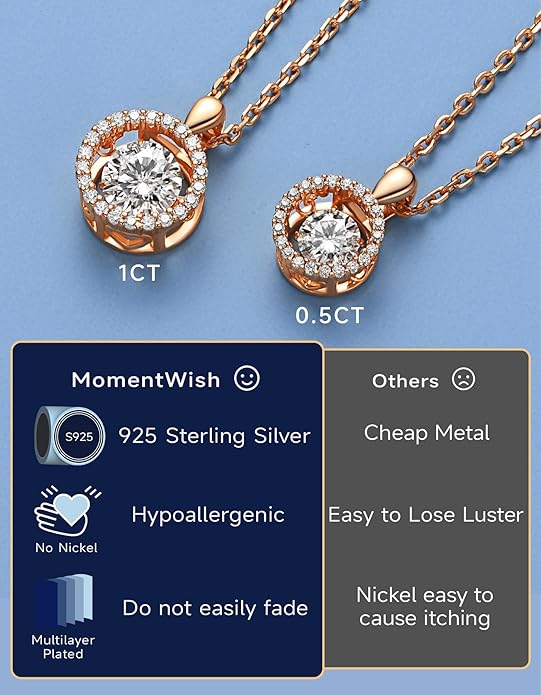 MomentWish Floating Necklace for Women, 0.5/1 Carat Dancing Moissanite Necklace for Her 925 Sterling Silver Pendant Anniversary Birthday Christmas Gift for Wife Mom Girlfriend