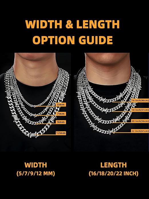 Bestyle Barbed Wire Necklace 5/7/9/12mm Mens Chain Necklaces Hip-hop Punk Gothic Stainless Steel Chain Heavy Thick Cuban Link Chain for Men Women, Length 16/18/20 Inch