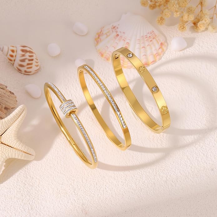 Gold Bracelets for Women - Stackable Bangles with Friendship & Love Theme - Stainless Steel Jewelry Gift for Her