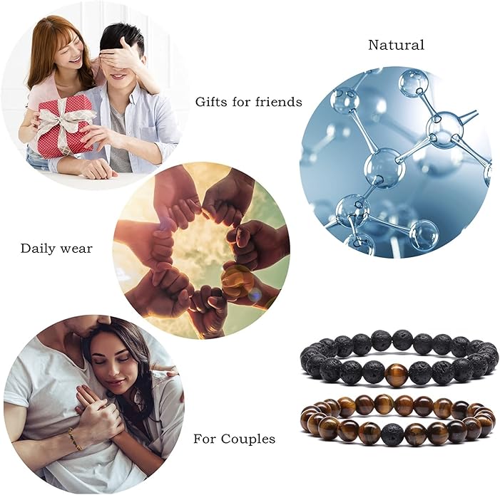 MengPa Mens Beaded Bracelets Couples Matching Bracelet Set Lava Rock Beads for Women Stone Jewelry