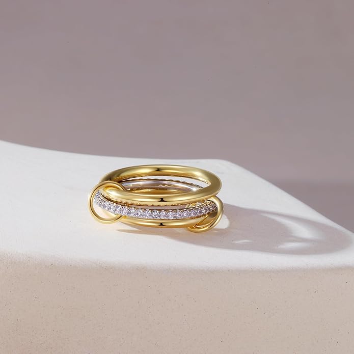 FUSAHURIY 2PCS Gold Stackable Rings Set for Women, 14K Gold Plated Interlocking Linked Rings with Cubic Zirconia, Gold Silver Mixed Metal Stackable Ring, Statement Jewelry Gifts
