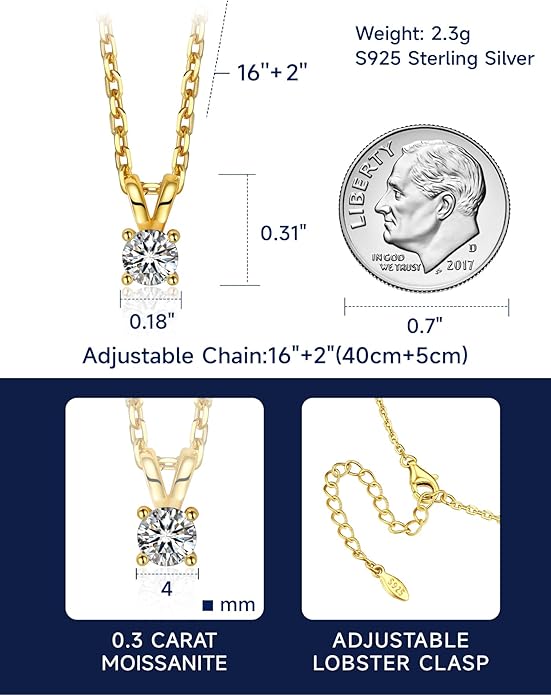 MomentWish Moissanite Solitaire Pendant Necklaces for Women Sterling Silver 0.3/0.5/1/2-Carat D Color VVS1 Clarity Mossanite Jewelry for Women