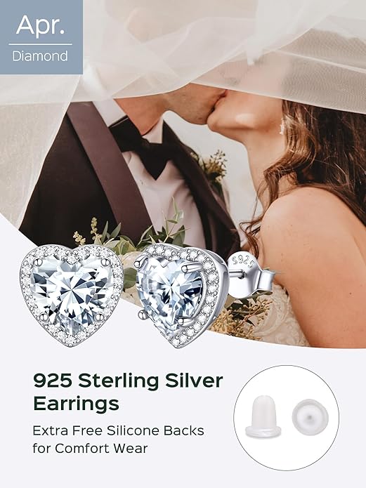 ChicSilver 925 Sterling Silver Birthstone Earrings for Women, 8MM/2 Carat Heart & Round Cubic Zirconia Stud Earrings, Hypoallergenic Jewelry, Ideal Birthday or Christmas Gifts