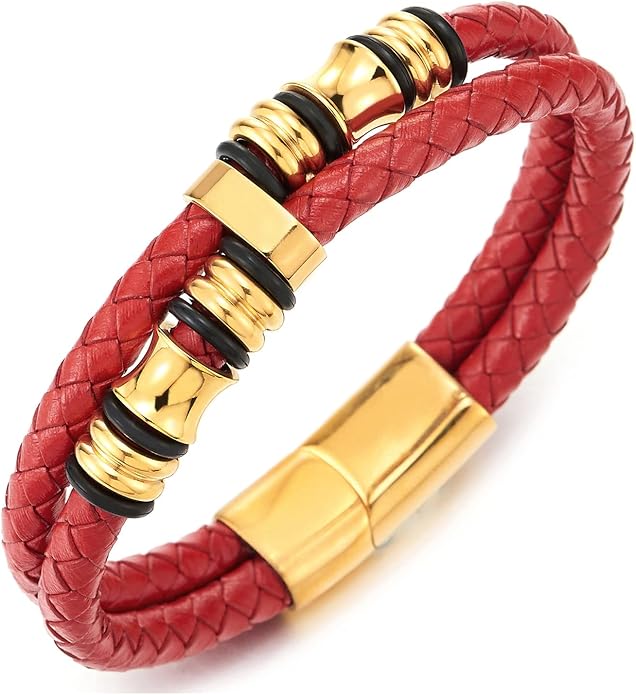 COOLSTEELANDBEYOND Mens Double-Row Braided Leather Bracelet Bangle Wristband with Stainless Steel Ornaments