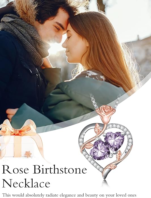 Christmas Gifts for Women Rose Heart Birthstone Pendant Necklace I Love You Forever Jewelry Valentine Mothers Day Birthday Gifts for Women Her Wife Girlfriend