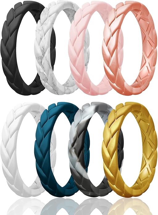Egnaro Women's Silicone Stackable Rings 3.5mm Wide 2mm Thick, Rubber Flexible Hypoallergenic Wedding Bands For Workout Leaf Braided Fashion
