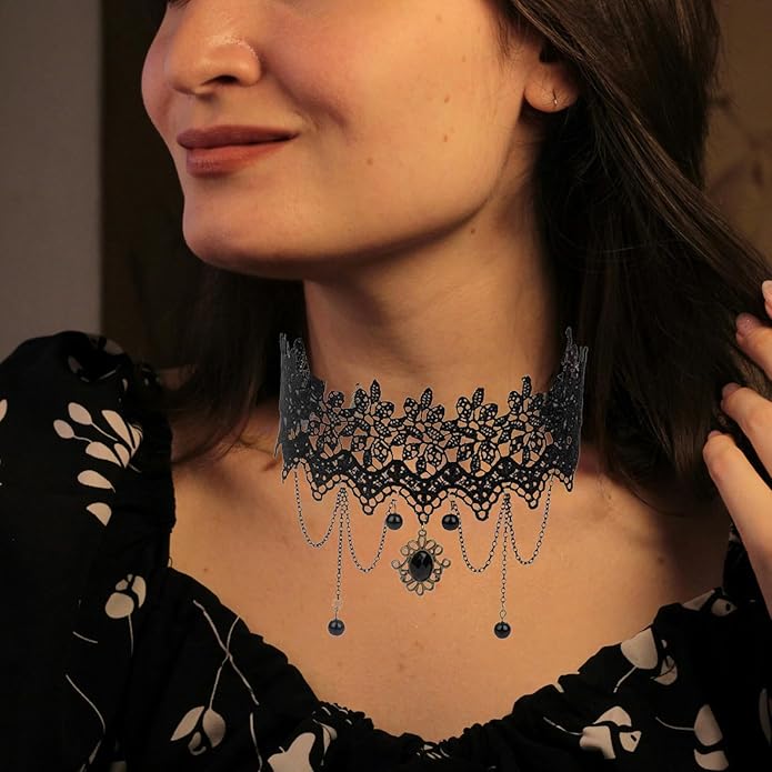 Gothic Lace Choker Necklace for Women,Vintage Black Crystal Hollowed Out Choker Statement Punk Style Layered Tassels Necklace Halloween Dark Witch Costume
