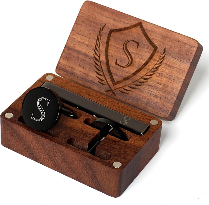 Mens Initial Cufflinks and Tie Clip A-Z Alphabet Letter Black Stainless Cuff Links Tie Bar with Engraved Walnut Wood Box Groom Groomsman Wedding Set