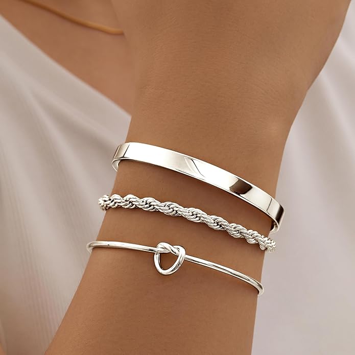 Silver Bracelets for Women Stack, Silver or Gold Plated Cuff Bangle Set, Trendy Silver Jewelry for Women Fashion