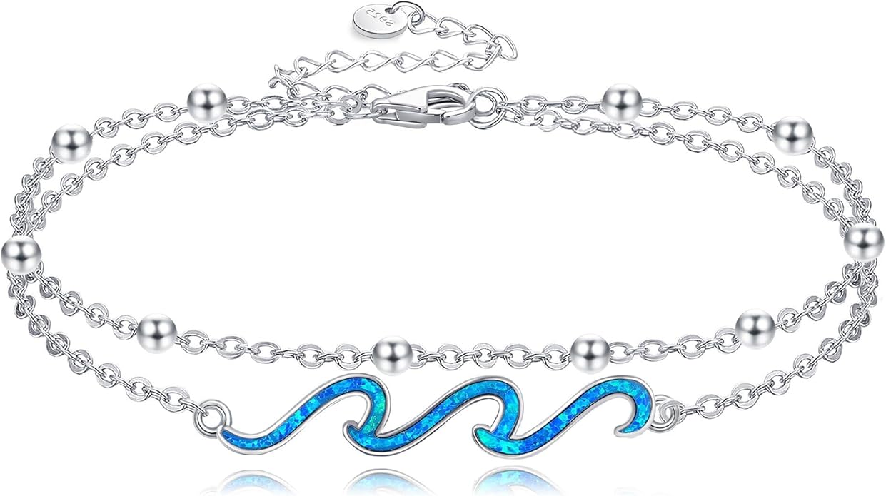 YFN Wave Anklet 925 Sterling Silver Ocean Wave Layered Ankle Bracelet Wave Beach Jewelry for Women Gifts