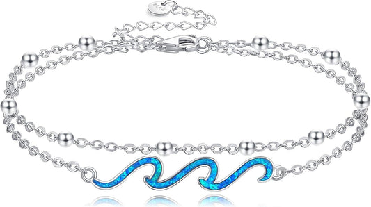 YFN Wave Anklet 925 Sterling Silver Ocean Wave Layered Ankle Bracelet Wave Beach Jewelry for Women Gifts