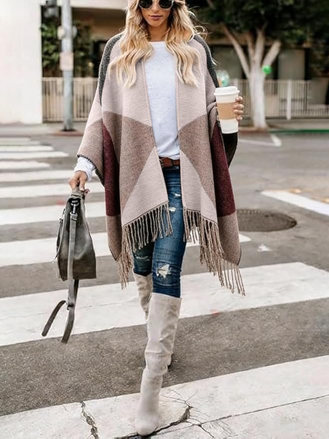 Moss Rose Women's Travel Plaid Shawl Wrap Open Front Poncho Cape for Fall Winter