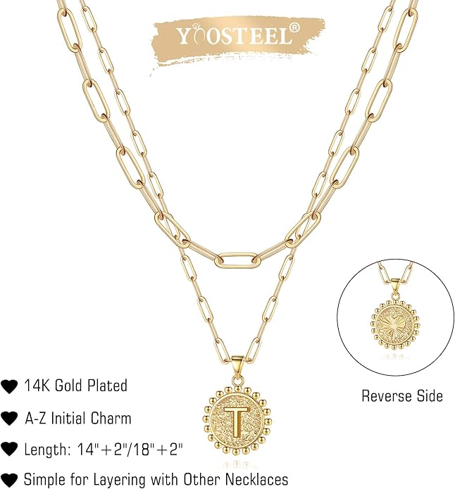 Yoosteel Gold Initial Necklaces for Women, 14K Gold Plated Dainty Layering Paperclip Link Chain Necklace Coin Initial Layered Necklaces for Women Personalized Birthday Gifts