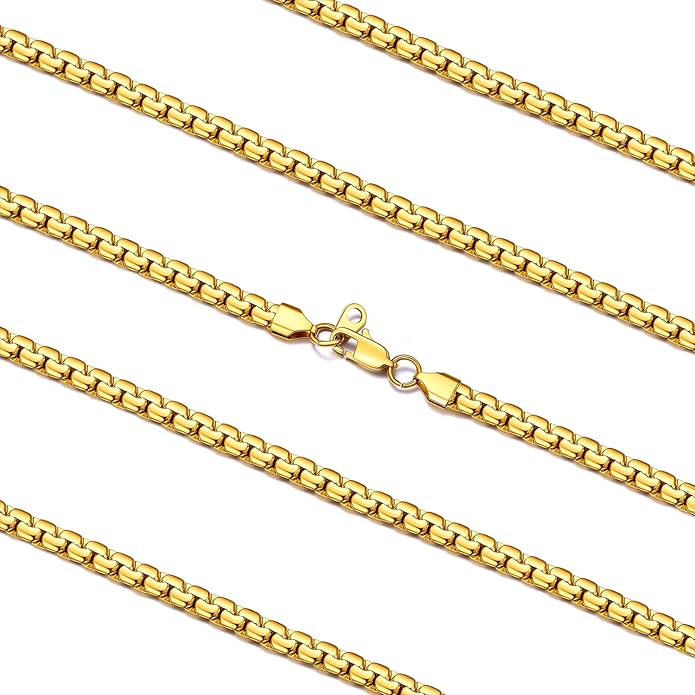 FaithHeart Mens Black/Silver/Gold Stainless Steel Flat Box Link Chain Necklace, Stylish 2/4/6/8mm Width Box Chains Necklaces for Men Non Tarnish Hip Hop Chain Jewelry Gifts,14"-30" Length