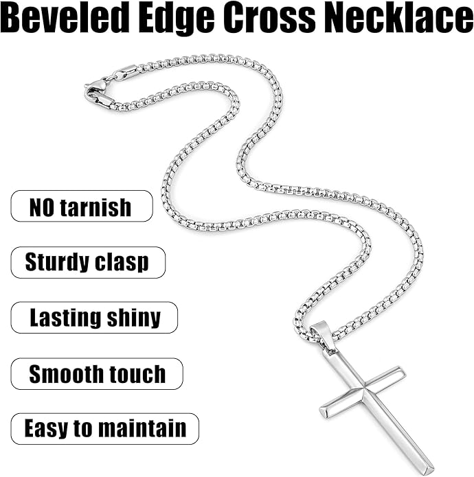 Fiusem Beveled Edge Cross Necklace for Men, Silver Tone/Black/14K Gold Plated Mens Cross Necklace, 2.5MM Stainless Steel Box Chain with Pendant