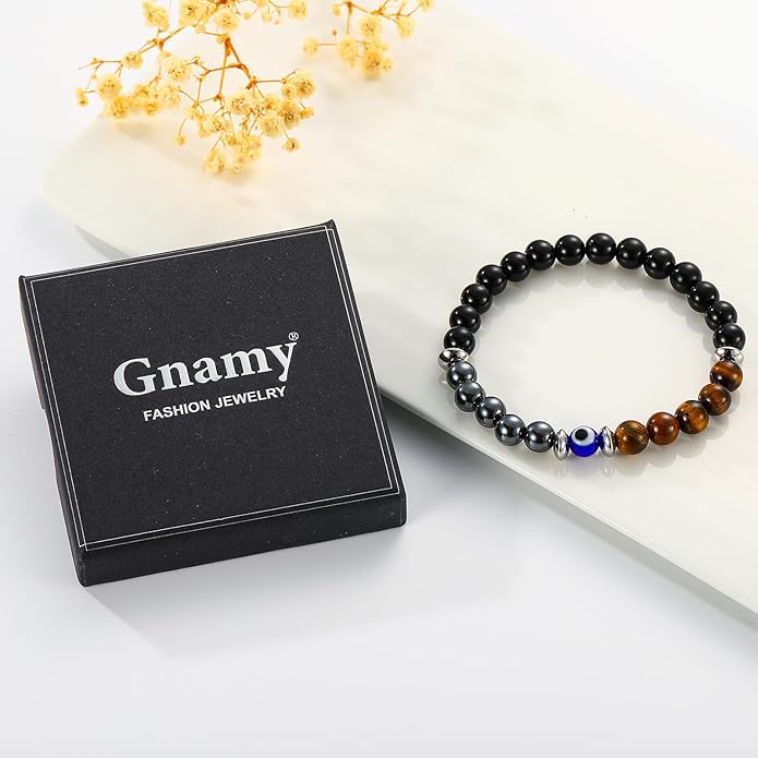 Triple Protection Bracelet for Men, Mens Black Obsidian Hematite Tiger Eye Beaded Natural Stone Evil Eye Bracelet Jewelry Gifts for Birthday Christmas
