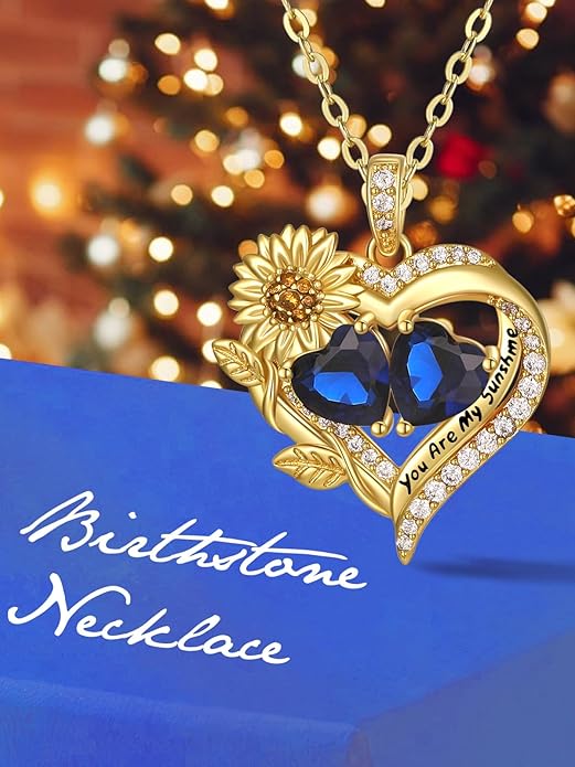 Sunflower Heart Necklace for Women 14K Gold Exquisite Anniversary Birthday Gifts for Wife Mother Her Double Birthstone Pendant jewelry‘You Are My Sunshine’