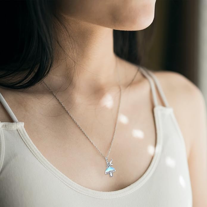 YAFEINI Mushroom Necklace Moonstone/Moss Agate/Malachite/Labradorite/Turquoise/Amber/Larimar/Black Onyx/Lapis Lazuli/Peridot/Opal Sterling Silver Mushroom Pendant Mother's Day Jewelry for Women Mom