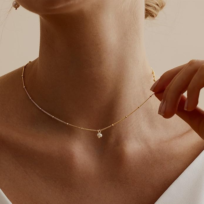 Pearl Necklace for Women Trendy,14k Gold Plated Necklace Dainty Wedding Necklace Small Cute Choker Necklace Beaded Lariat Drop Necklace Vintage Waterproof Jewelry for Women Gold Jewelry Fashion Gifts