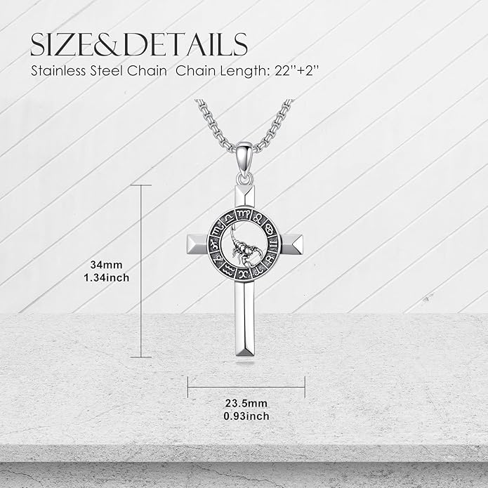MEIDERBO Cross Zodiac Necklace 925 Sterling Silver 12 Constellation Horoscope Astrology Pendant Necklace Zodiac Sign Jewelry Gifts for Men Women