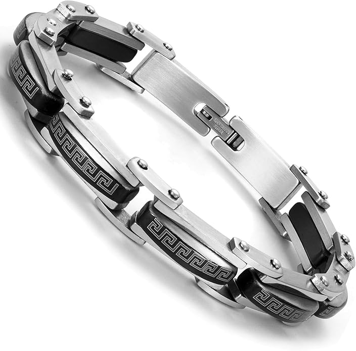 Urban Jewelry Stunning Stainless Steel Link Bracelet for Men Polished Link, Puzzle, Ceramic Style (Silver, Black)