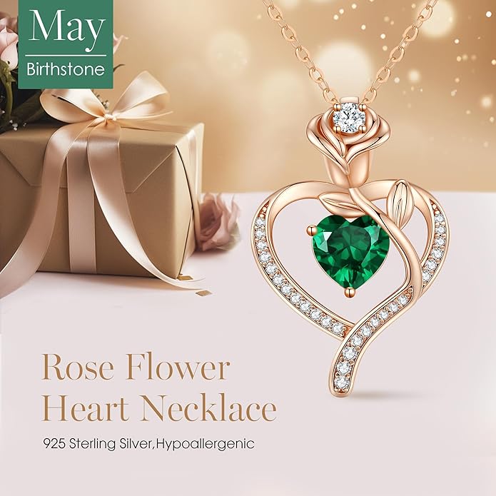LOUISA SECRET Rose Flower Heart Birthstone Necklaces for Women, 925 Sterling Silver Fine Jewelry, Pendant Heart Necklaces Birthday Anniversary Christmas Gift for Women Wife Mom Girlfriend Lady