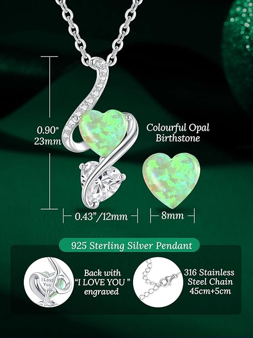 LOUISA SECRET 925 Sterling Silver Opal Birthstone Necklace, Unique Tiny Double Heart Pendant Jewelry, Engraved with "S925 I Love You" Best Birthday Gift for Women Wife Girlfriend Mom Her, Christmas Day Valentine's Day Anniversary Mother's Day