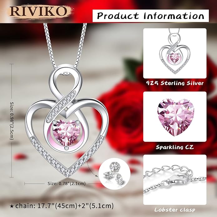 RIVIKO Infinity Heart Symbol Necklace for Women 925 Sterling Silver Love Heart Pendant Valentine's Day Mother's Day Anniversary Birthday Christmas Jewelry Gifts for Women Mom Wife Sister Her Friends