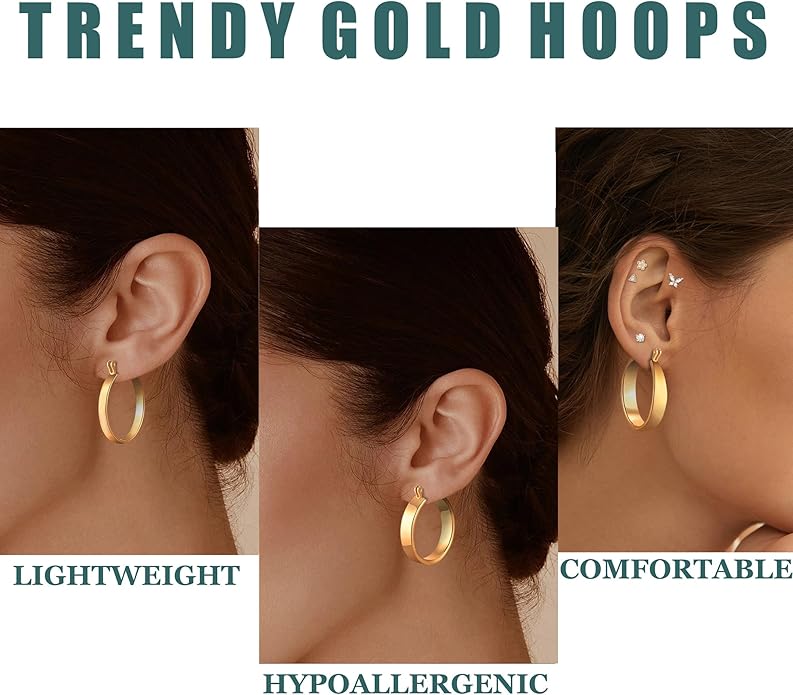 WGOUD 3 Pairs 925 Sterling Silver Post Hoop Earrings Hypoallergenic 14K Gold Plated Lightweight Hoop Earrings for Women Medium Silver Hoops Earring for Women 24/26mm