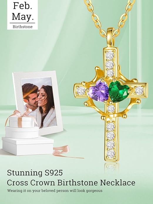 Zeuslia Double Birthstone Necklace Gifts for Wife - 925 Sterling Silver Sunflower/Rose/Crown Cross/Compass/Heart Pendant I Love You Necklace, Anniversary Birthday Gifts for Wife Girlfriend Mom Her