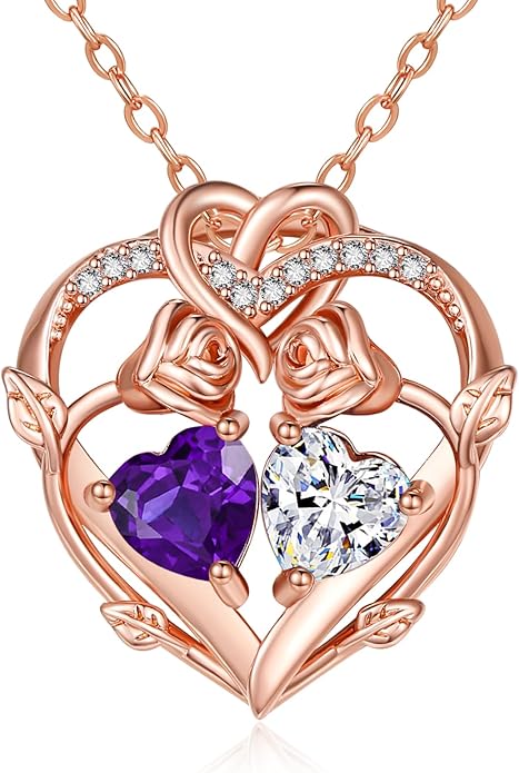 Rose Gold Necklaces for Women Double Birthstone Rose Flower Heart Pendant Necklace Jewelry Anniversary Christmas Valentine's Mother's Day Birthday Gift for Wife Mom Her Girlfriend Sister