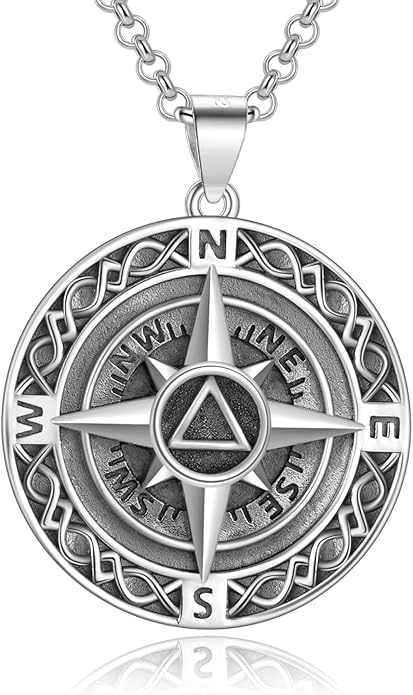 LES OSEWA Compass Necklace for Men Sterling Silver Compass Pendant Masonic Viking Necklace Travel Amulet Necklace Inspirational Graduation Jewelry Gifts for Women