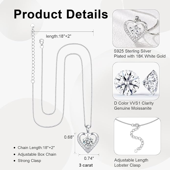 Moissanite Necklace for Women, Heart Pendant Engraved 'I Love You' Gifts for Wife, Valentine's Day Gift Anniversary Eternity Birthday Present Sterling Silver Jewelry for Her